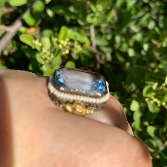 Antique 1920s Art Deco Sterling Silver Blue Glass Stone Ring w/seed pearls - Picture 6 of 8